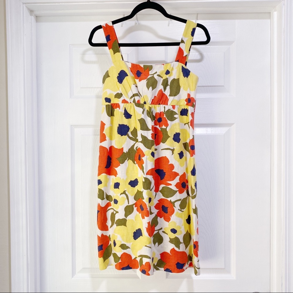 Shoshanna Silk Linen Mini Sun Dress Floral Daisies Yellow Sleeveless Size Small